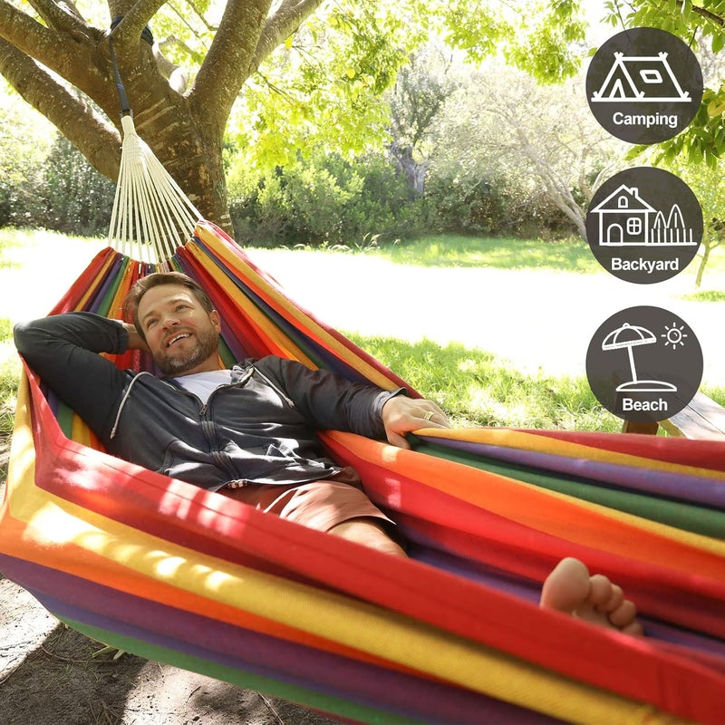 CHULIM Brazilian Double Hammock with Tree Straps,Extra Large 94x63IN,2 Persons Hammock for Backyard Patio Outdoor and Indoor,450lbs Weight Capacity,Soft Woven Cotton Fabric - Beige Brown Stripe - Image 2